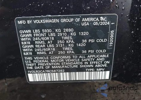 2024 Volkswagen Atlas 2.0T Se z USA, uszkodzony, nr VIN 1V2LR2CA7RC587262